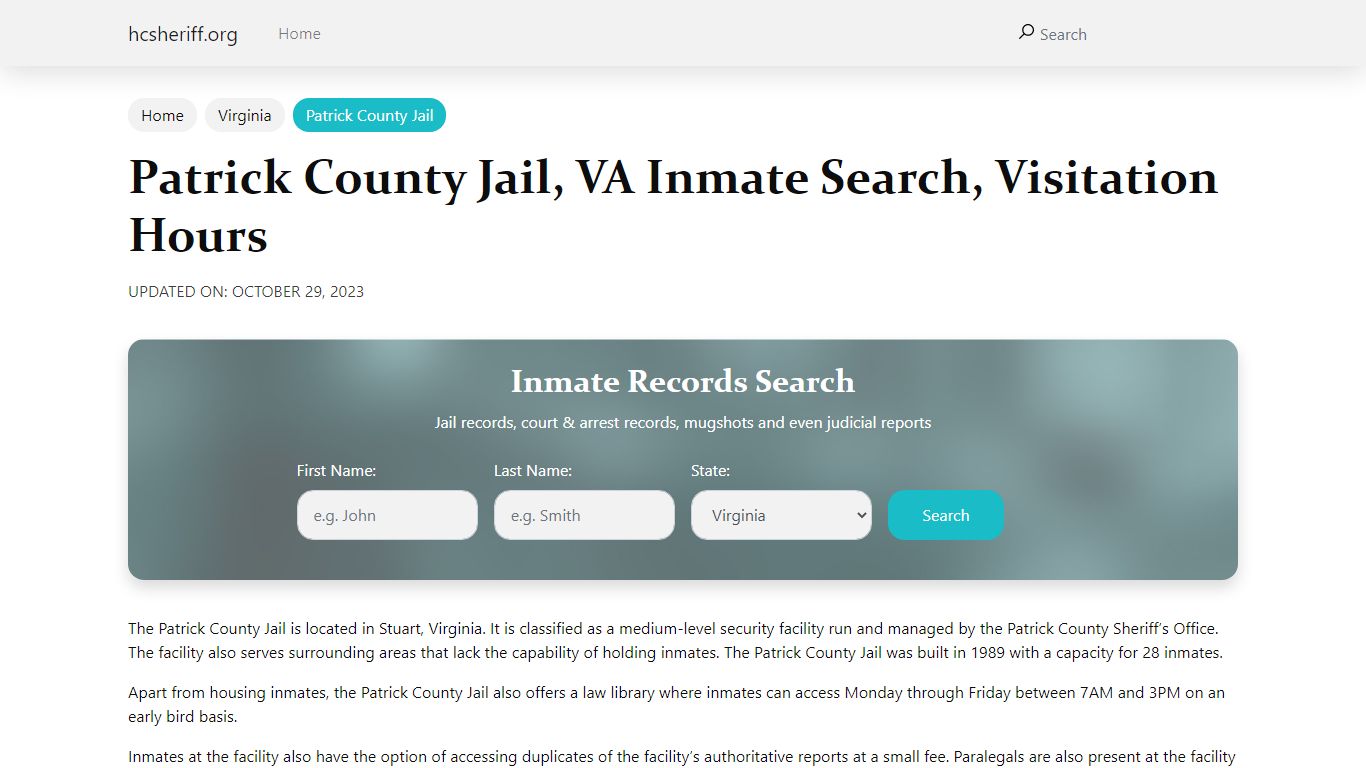 Patrick County Jail, VA Inmate Search, Visitation Hours
